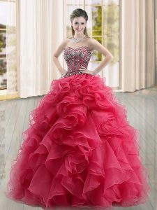 Dazzling Coral Red Quinceanera Gowns Military Ball and Sweet 16 and Quinceanera with Beading and Ruffles Sweetheart Slee