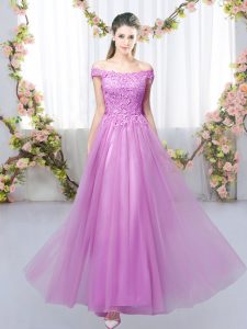 Lilac Empire Tulle Off The Shoulder Sleeveless Lace Floor Length Lace Up Bridesmaids Dress
