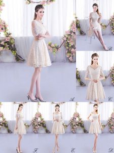 High Quality Champagne Bridesmaid Dress Prom and Party and Wedding Party with Lace Scoop Short Sleeves Lace Up