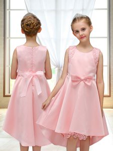 High End Pink Zipper Scoop Lace and Bowknot Flower Girl Dress Satin Sleeveless