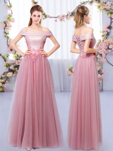 Great Pink Sleeveless Tulle Lace Up Damas Dress for Prom and Party and Wedding Party