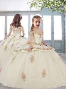 Fashion Short Sleeves Lace Up Floor Length Appliques and Bowknot Little Girls Pageant Dress