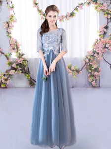 Fabulous Floor Length Blue Wedding Party Dress Scoop Half Sleeves Lace Up
