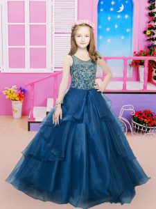 Top Selling Scoop Sleeveless Organza Little Girls Pageant Gowns Beading Sweep Train Lace Up