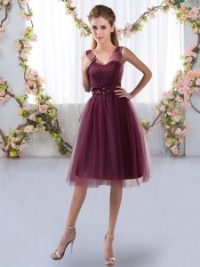Popular Appliques Bridesmaid Gown Burgundy Zipper Sleeveless Knee Length