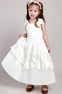 White Straps Taffeta Flower Girls Dresses with Bow to Ankle-length