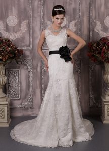 Discount White Lace V-neck Court Train Dress for Wedding with Black Sash