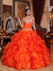 Sweetheart Cheap Beaded Appliqued Organza Quince Dresses in Orange