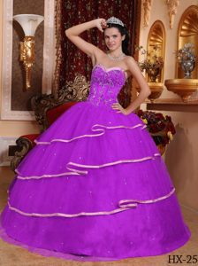 Beautiful Satin and Tulle Sweetheart Purple Quinces Dress with Beading