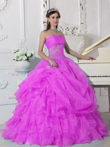 Strapless Beaded Organza Quinces Dress in Hot Pink for Wholesale Price