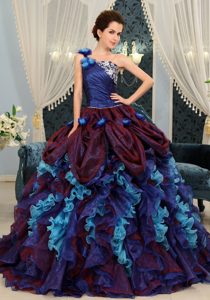 Ruffled One Shoulder Dresses for Quinceanera with Handle Flowers in Multi-color
