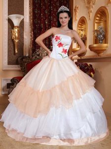 Light Pink and White Strapless Embroidery Organza Quinceanera Dress