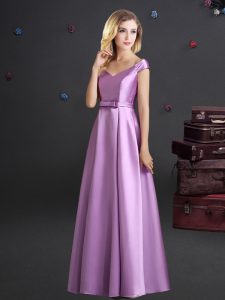 Empire Bridesmaid Dresses Lilac Off The Shoulder Elastic Woven Satin Cap Sleeves Floor Length Zipper