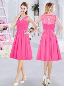 Wonderful Hot Pink Wedding Party Dress Prom and Party and Wedding Party and For with Lace and Ruching V-neck Sleeveless 