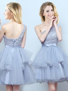 High Class One Shoulder Grey Organza Lace Up Bridesmaids Dress Sleeveless Mini Length Lace and Ruffles and Belt