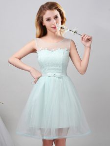 Edgy Mini Length Apple Green Bridesmaid Dress Scoop Sleeveless Lace Up