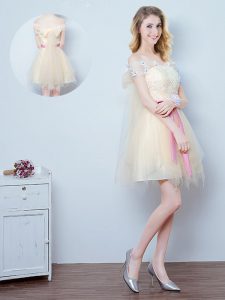 Cheap Off the Shoulder Mini Length Champagne Wedding Party Dress Tulle Short Sleeves Lace and Appliques and Ruffles and 
