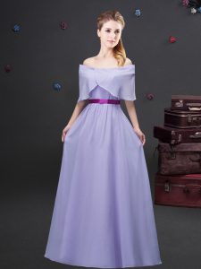 Lavender Empire Off The Shoulder Half Sleeves Chiffon Floor Length Zipper Ruching and Belt Bridesmaid Dress