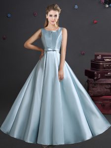 High End Straps Sleeveless Zipper Wedding Guest Dresses Light Blue Elastic Woven Satin