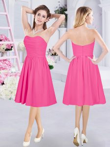 Hot Pink Chiffon Zipper Bridesmaid Dress Sleeveless Knee Length Ruching