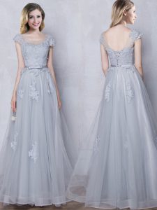 Scoop Floor Length Grey Bridesmaid Dresses Tulle Cap Sleeves Lace and Appliques and Belt