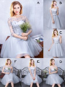Scoop Grey A-line Lace and Appliques and Belt Bridesmaid Gown Lace Up Tulle Sleeveless Knee Length