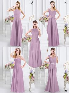 Lavender Chiffon Zipper Wedding Party Dress Cap Sleeves Floor Length Beading and Ruching