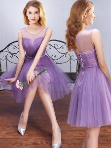 Scoop Lavender Lace Up Wedding Party Dress Beading and Ruching and Belt Sleeveless Mini Length