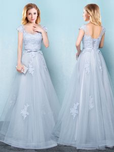 High Quality Scoop Cap Sleeves Lace Up Floor Length Appliques and Belt Wedding Guest Dresses