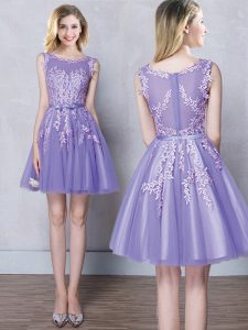 Scoop Appliques and Belt Bridesmaids Dress Lavender Zipper Sleeveless Mini Length
