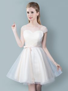 Colorful Straps Champagne Empire Ruching and Bowknot Wedding Party Dress Zipper Tulle Cap Sleeves Knee Length