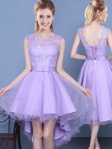 Scoop Sleeveless Mini Length Lace Lace Up Bridesmaid Dress with Lavender