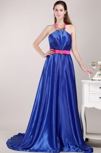 Blue Empire Halter Top Modern Celebrity Prom Dresswith Pink Sash