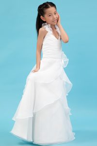 Attractive Halter Top Long Organza Flower Girl Dress in White