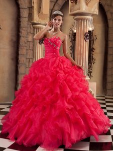 Beaded Coral Red Sweet 16 Dresses with Ruffles in Organza