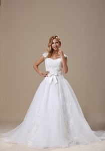 Square Wedding Dress With Cap Sleeves and Sash in New Style