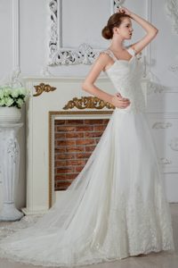 Low Price Empire Straps Court Train Tulle Wedding Dress with Appliques and Lace