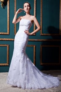 Modest Mermaid Strapless Tulle Wedding Dress with Beading for Cheap