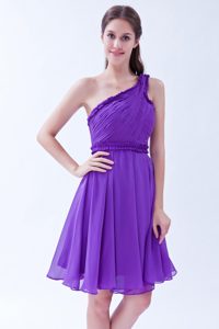 Purple One Shoulder Chiffon Ruched Dama Dress for Quinceanera