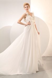 Charming Empire V-neck Court Train Chiffon Wedding Reception Dress for Fall