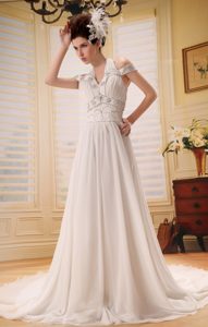 Halter off-the-shoulder Court Train Champagne Ruched Beaded Wedding Dresses