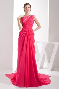 Coral Red Single Shoulder Watteau Train Chiffon Prom Dress with Ruching