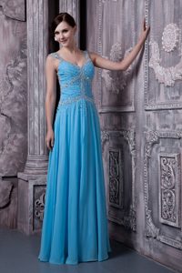 Discount Aqua Blue Empire Chiffon Designer Dress with Beading for Cheap