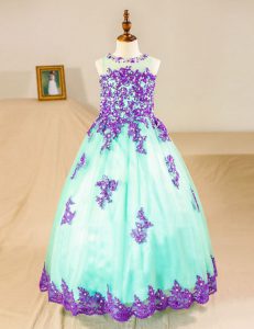 Low Price Tulle Scoop Sleeveless Zipper Beading and Lace and Appliques Flower Girl Dresses for Less in Turquoise