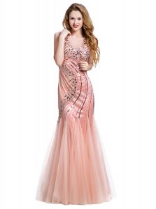 Noble Mermaid Peach Lace Up V-neck Beading Prom Dresses Tulle Sleeveless