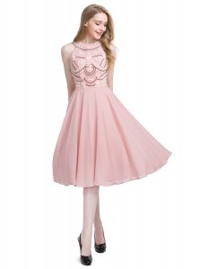 Pink Column/Sheath Scoop Sleeveless Chiffon Knee Length Zipper Beading Prom Party Dress