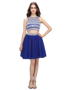 Empire Prom Party Dress Royal Blue Scoop Chiffon Sleeveless Knee Length Backless