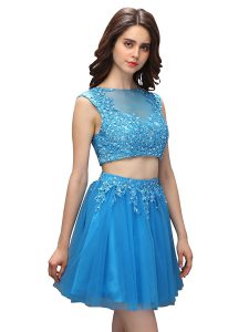 Wonderful Sleeveless Tulle Mini Length Zipper Dress for Prom in Baby Blue with Beading and Appliques