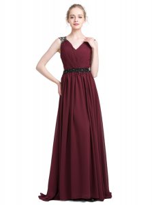 Burgundy Column/Sheath Lace Prom Gown Zipper Chiffon Sleeveless With Train