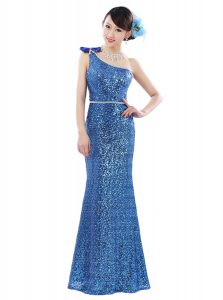 New Style One Shoulder Sequins Floor Length Column/Sheath Sleeveless Blue Prom Party Dress Zipper